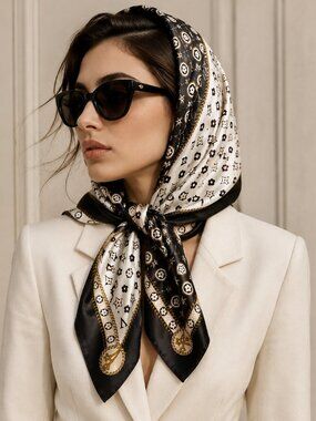 Black Ivory Gold Monogram Print Square Scarf Silky Satin Hair Neck Wrap
